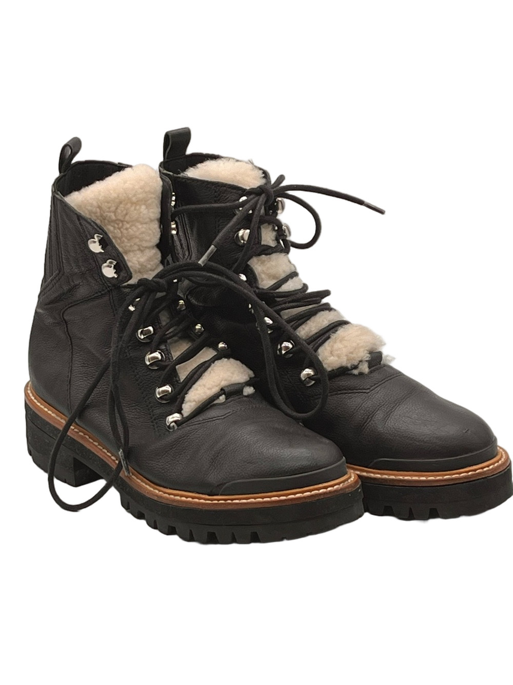 Marc Fisher Black Leather Lace-Up Shearling-Trim Combat Boots